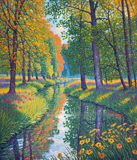 05399-2380021278-a meandering river through a lush deciduous forest,wildflowers growing at the riverside, the sun is reflected in the water. pain.png